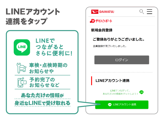LINEアカウント連携をタップ　LINEでつながるとさらに便利に！